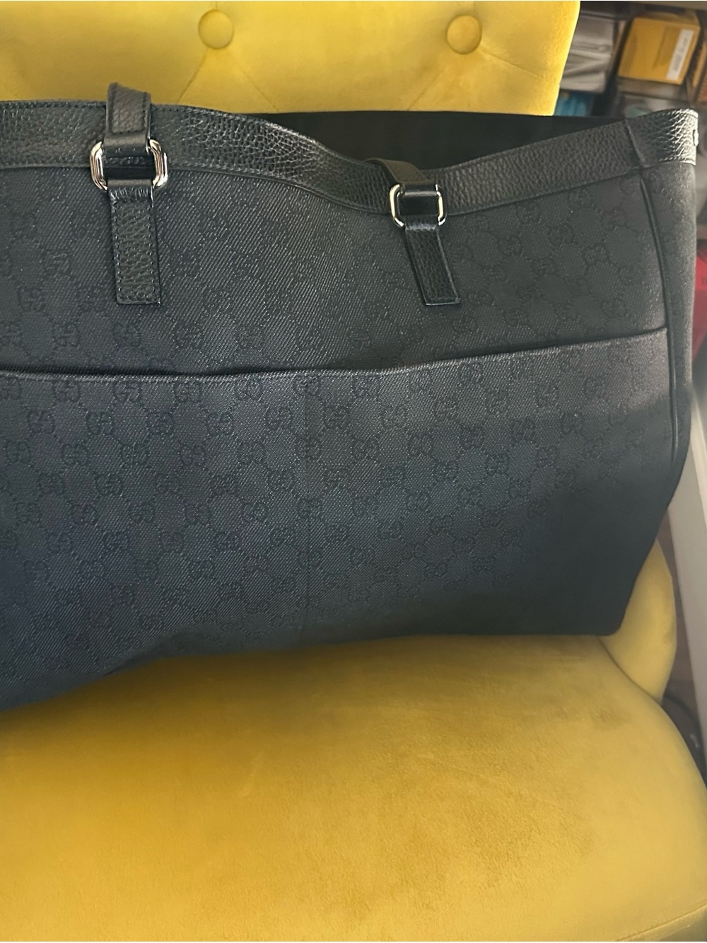 Gucci Black Denim Style GG Logo Tote with Textured Leather Trim